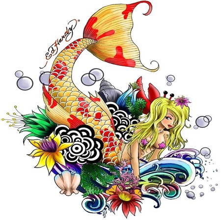 Cute blondy mermaid with yellow spotted tail aong flowers tattoo design