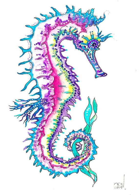 Cute blue-and-purple seahorse tattoo design