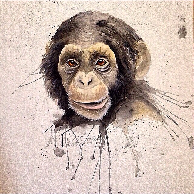 Cute brown watercolor chimpanzee portrait in splashes tattoo design