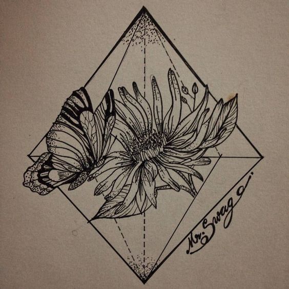 Cute butterfly sitting on flower and rhombus figure tattoo design