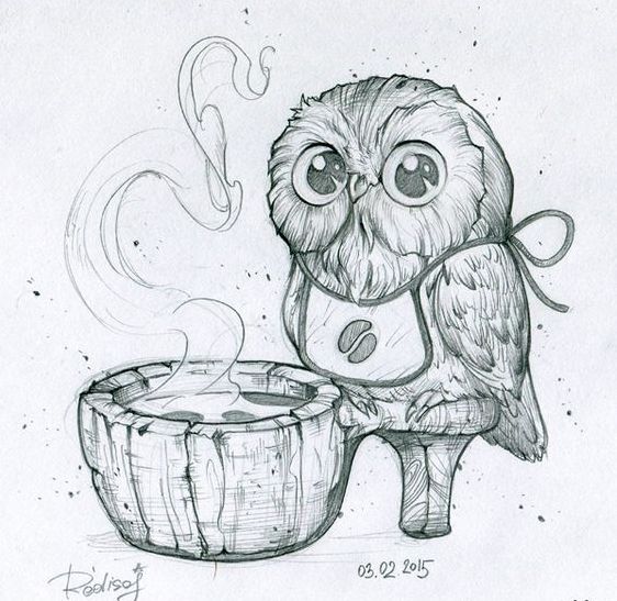 Cute cartoon black-and-white eating owl tattoo design