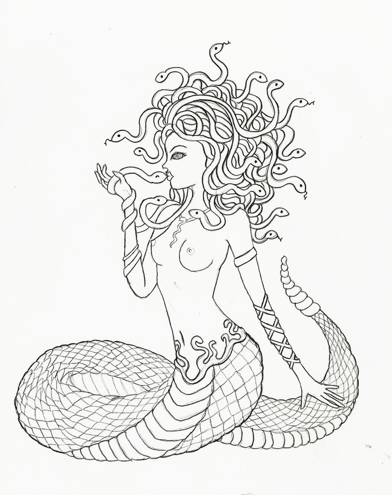Cute cartoon colorless sitting medusa gorgona tattoo design