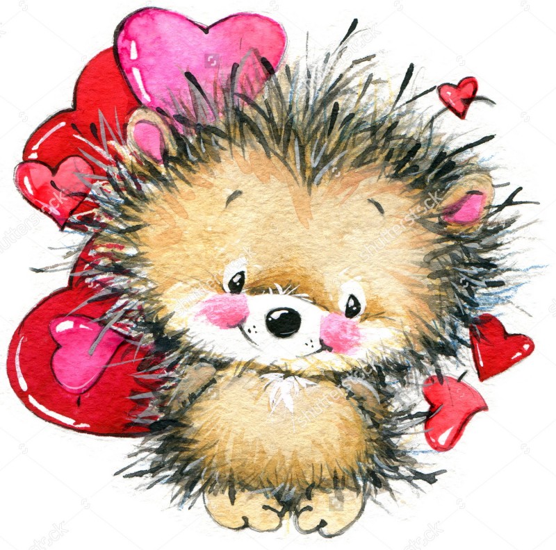 Cute cartoon hedgehog and huge red hearts tattoo design