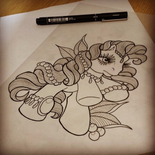 Cute cartoon uncolored horse with curly-hair mane tattoo design