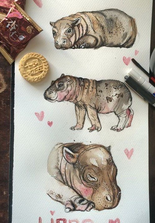 Cute color-ink hippo baby in different poses tattoo design