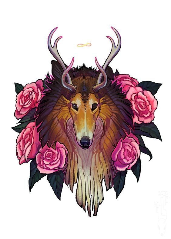 Cute colored horned domestic animal surrounded with pink roses tattoo design