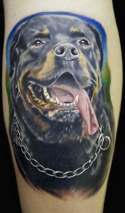 Arm Farbtattoo von süßem Rottweiler mit hängender Zunge