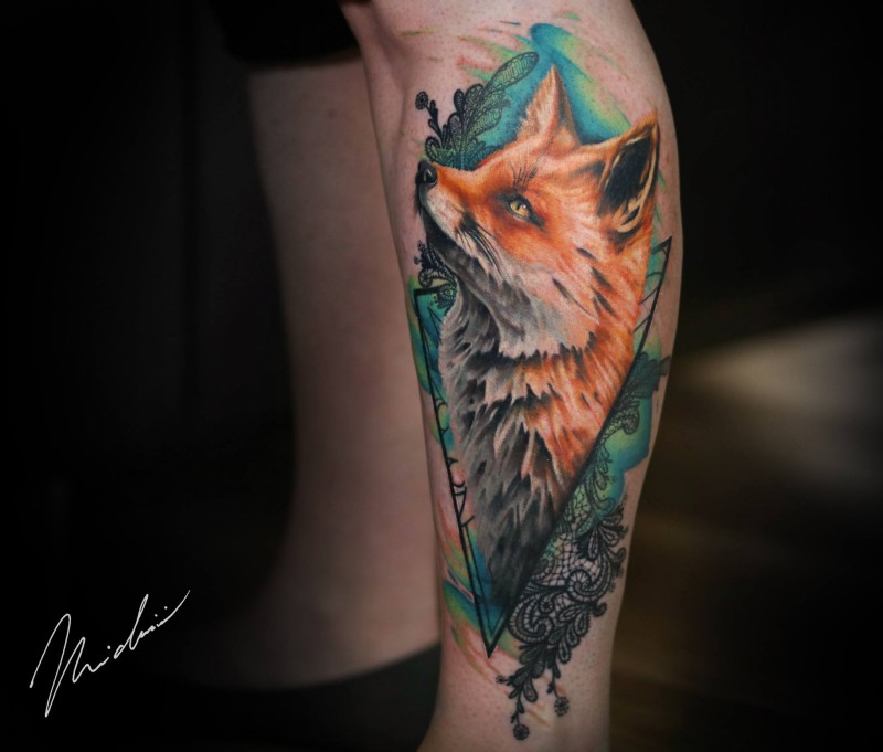 Cute colorfull fox tattoo on leg