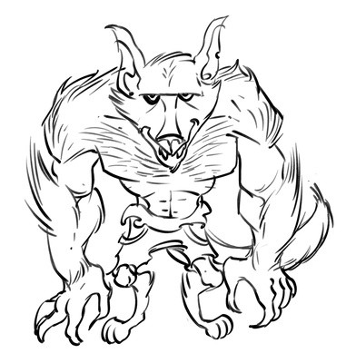 Cute colorless werewolf with strong muscular arms tattoo design