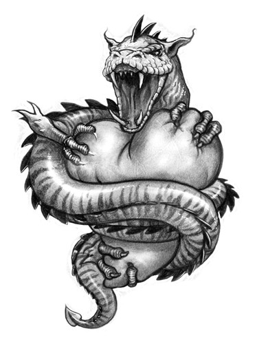 Cute crying dragon protecting its heart tattoo design