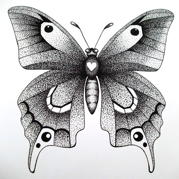 Cute dotwork butterfly with heart print on body tattoo design