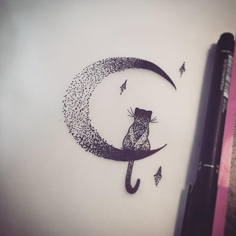 Cute dotwork cat dreaming on moon edge tattoo design
