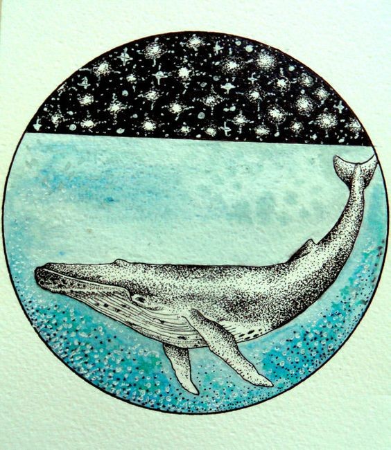 Cute dotwork whale swimming in framed ocean tattoo design