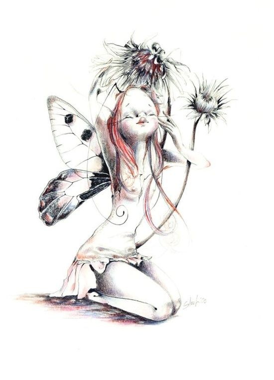 Cute fairy under flower stems tattoo design