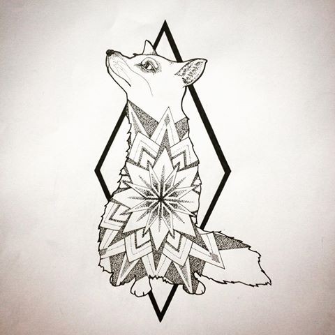 Cute fox with dotwork mandala pattern on rhombus figure background tattoo design