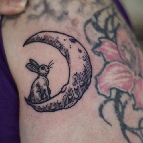 Cute girly black-ink hare on moon tattoo on side