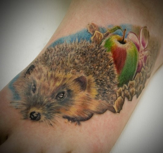 Cute girly color-ink hedgehog with fruit tattoo on foot