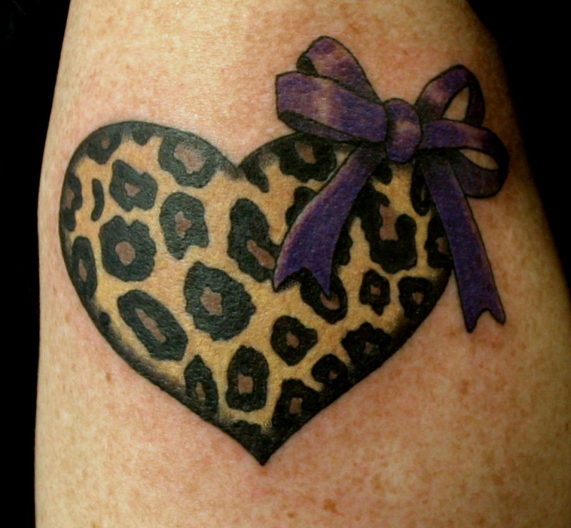 Cute girly colorful heart with cheetah print tattoo