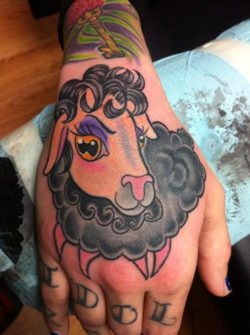 Cute girly colorful sheep tattoo on hand