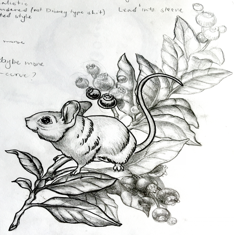 Cute grey-ink mouse sitting on berried branch tattoo design