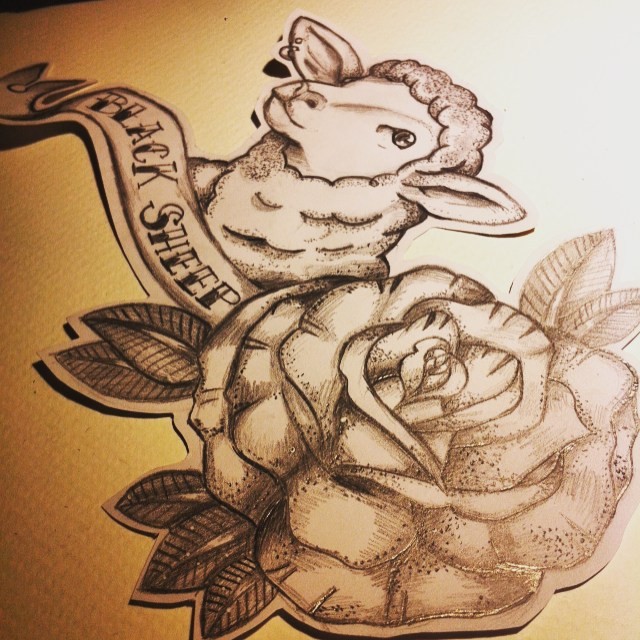 Cute grey-ink sheep and huge rose tattoo design