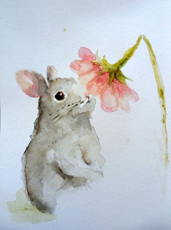 Cute grey waterolor hare smelling pink flower tattoo design
