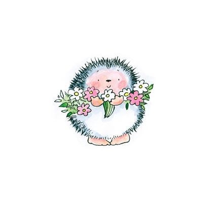 Cute hedgehog keeping pink and white flowers tattoo design