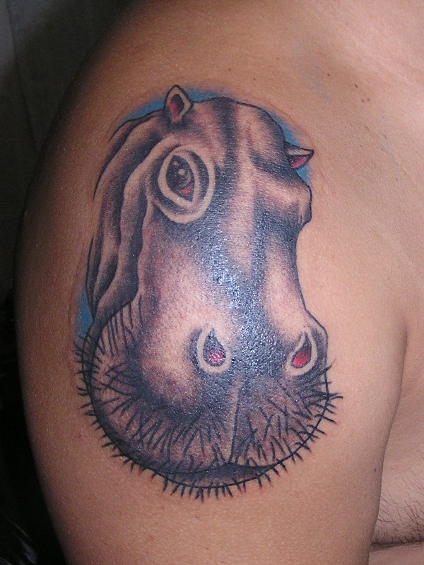 Cute hippo head on blue background tattoo on shoulder