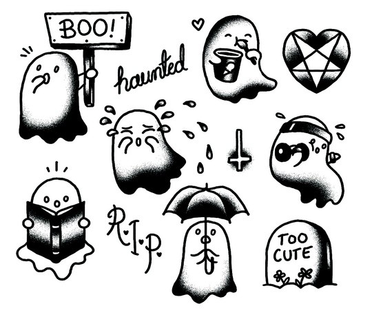 Cute little black-and-white old school ghost tattoo designs