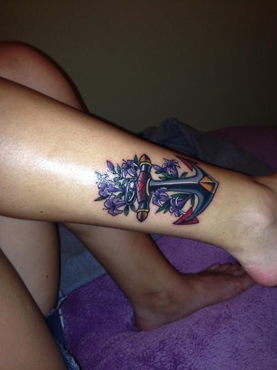 Cute little old school anchor with violets tattoo on shin