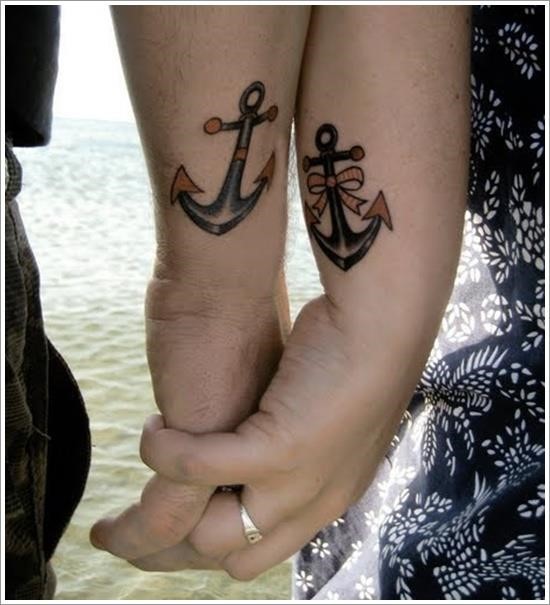 Cute little pair old school anchor tattoo for sweethearts on wrists