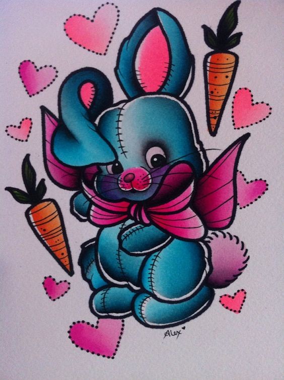 Cute multicolor rabbit on heart and carrot background tattoo design