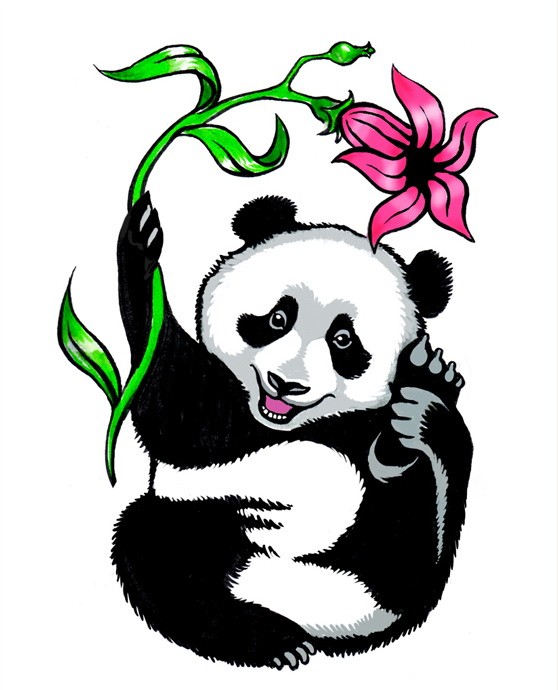 Cute panda cub with pink flower tattoo design