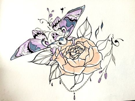 Cute purple moth sitting on pale orange rose tattoo design by Mcrmorbid
