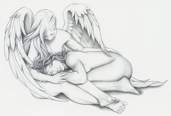 Cute tender caressing angel girls tattoo design
