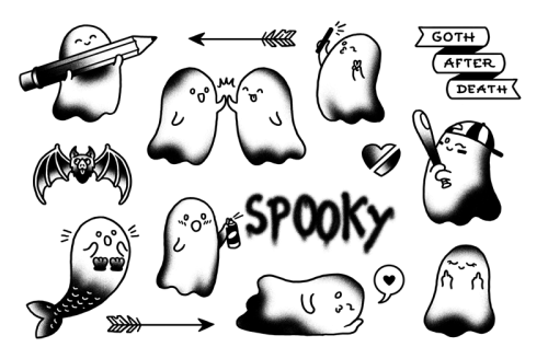 Cute tiny black-and-white ghosts in different situations tattoo design