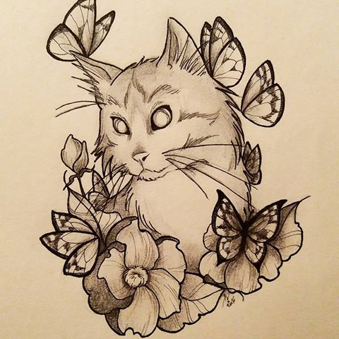 Cute uncolored cat surrounded with flowers and flying butterflies tattoo design