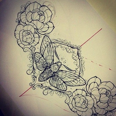 Cute uncolored moth surrounded with huge roses tattoo design