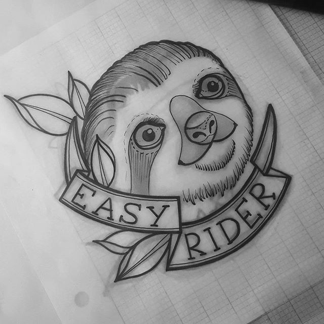Cute uncolored sloth head with lettered stripe tattoo design