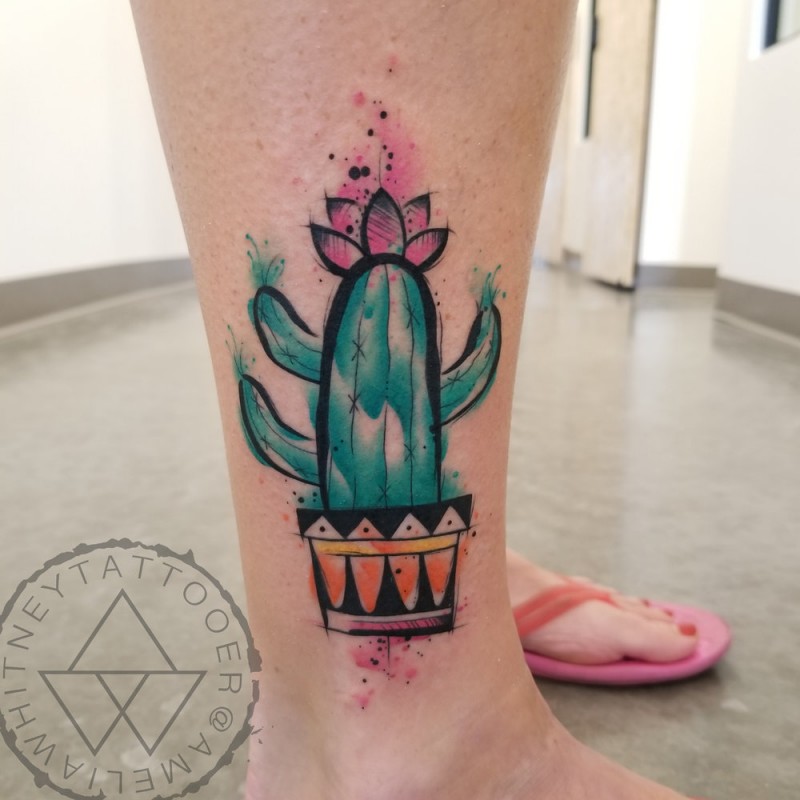 Cute watercolor cactus tattoo on leg