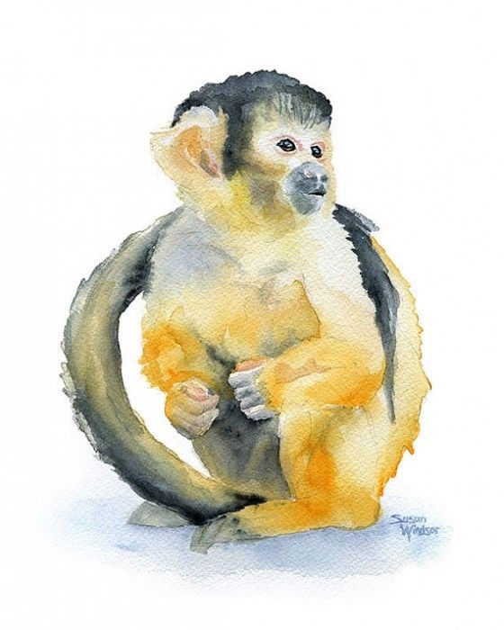 Cute watercolor monkey in yellow colors tattoo design