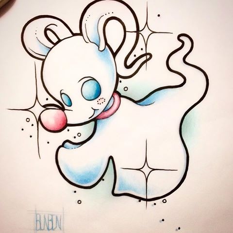 Cute white shining ghost with long ears and pink clawn nose tattoo design