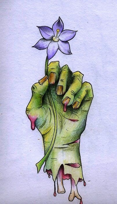 Cute zombie hand keeping a purple flower tattoo design