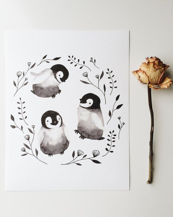 Cutee grey penguin trio with herbs tattoo design