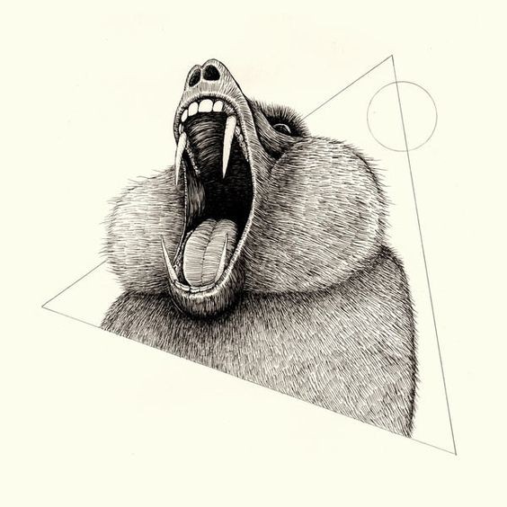 Dangerous black-and-white crying baboon framed with triangle tattoo design