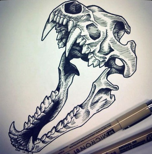 Dangerous black-ink screaming dinosaur skull tattoo design