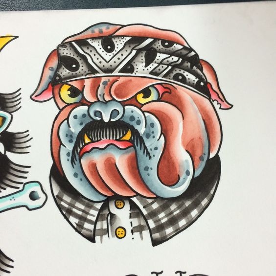 Dangerous colored bulldog in black bandana tattoo design