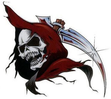 Crânio de morte perigosa em capuz vermelho escuro e um desenho de tatuagem de lâmina de foice