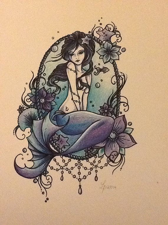 Dark-eyed mermaid with violet tail sitting in floral and lace decorated frame tattoo design