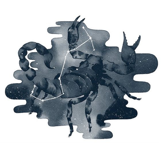 Dark-grey watercolor scorpion on star sky background tattoo design
